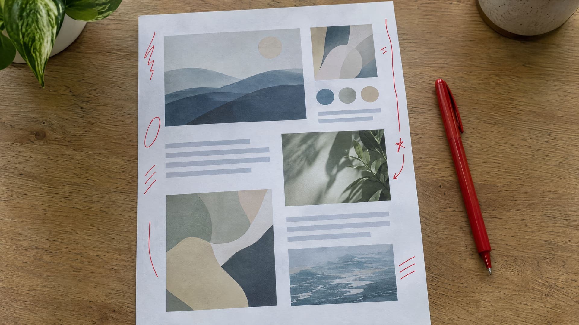 Ausdruck eines Flyer-Entwurfs mit abstrakten Bildflächen und roten Stiftmarkierungen am Rand auf einem Tisch, daneben ein Stift, Text unleserlich