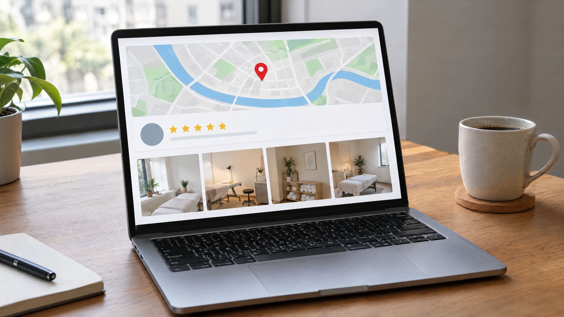 Laptop mit einem Unternehmensprofil aus Kartenausschnitt, Fotostreifen eines leeren Behandlungsraums und goldenen Sternen, Text unleserlich, daneben eine Kaffeetasse