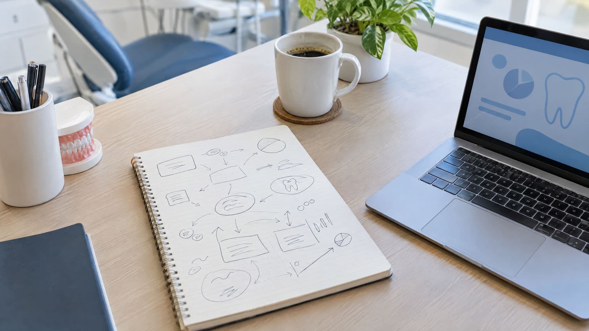 Notizbuch mit handgezeichneten Kästen und Pfeilen für Kanäle neben Laptop und Kaffeetasse auf einem Schreibtisch im Praxisbüro, Gekritzel unleserlich