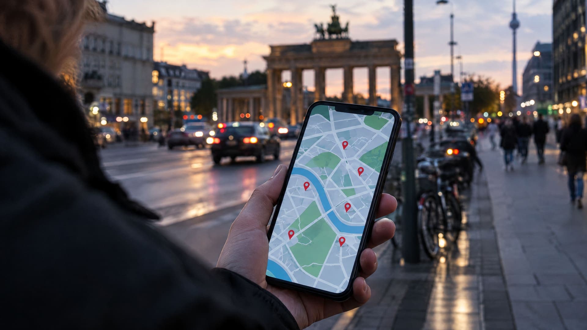 Hand hält ein Smartphone mit einer Kartenansicht und mehreren roten Markierungen vor einem unscharfen Berliner Straßenbild, Gesicht nicht sichtbar