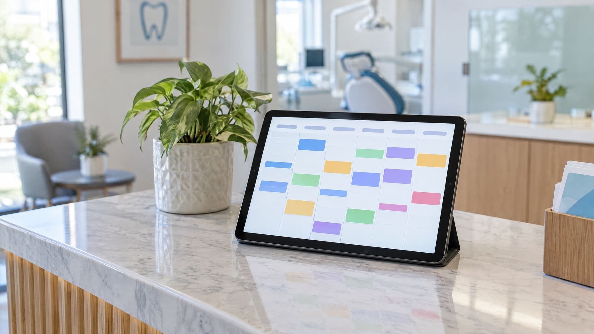 Tablet mit einem abstrakten Wochenkalender aus farbigen Blöcken auf einem Empfangstresen einer Zahnarztpraxis, daneben eine Pflanze, keine Personen