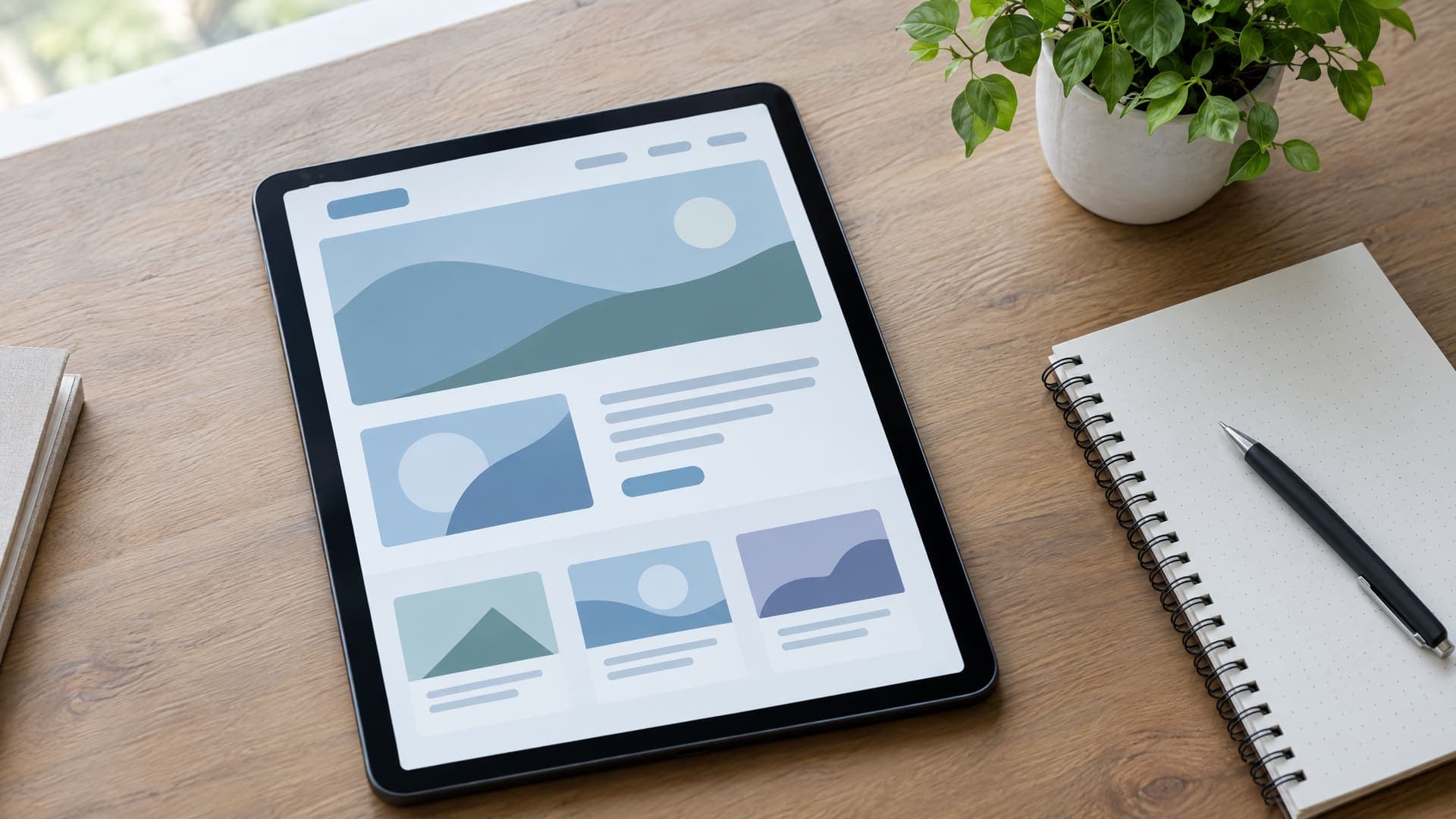 Tablet auf einem Schreibtisch mit dem Entwurf einer Praxis-Website aus Bildflächen und Textblöcken, daneben ein Notizblock und eine Pflanze, Text unleserlich