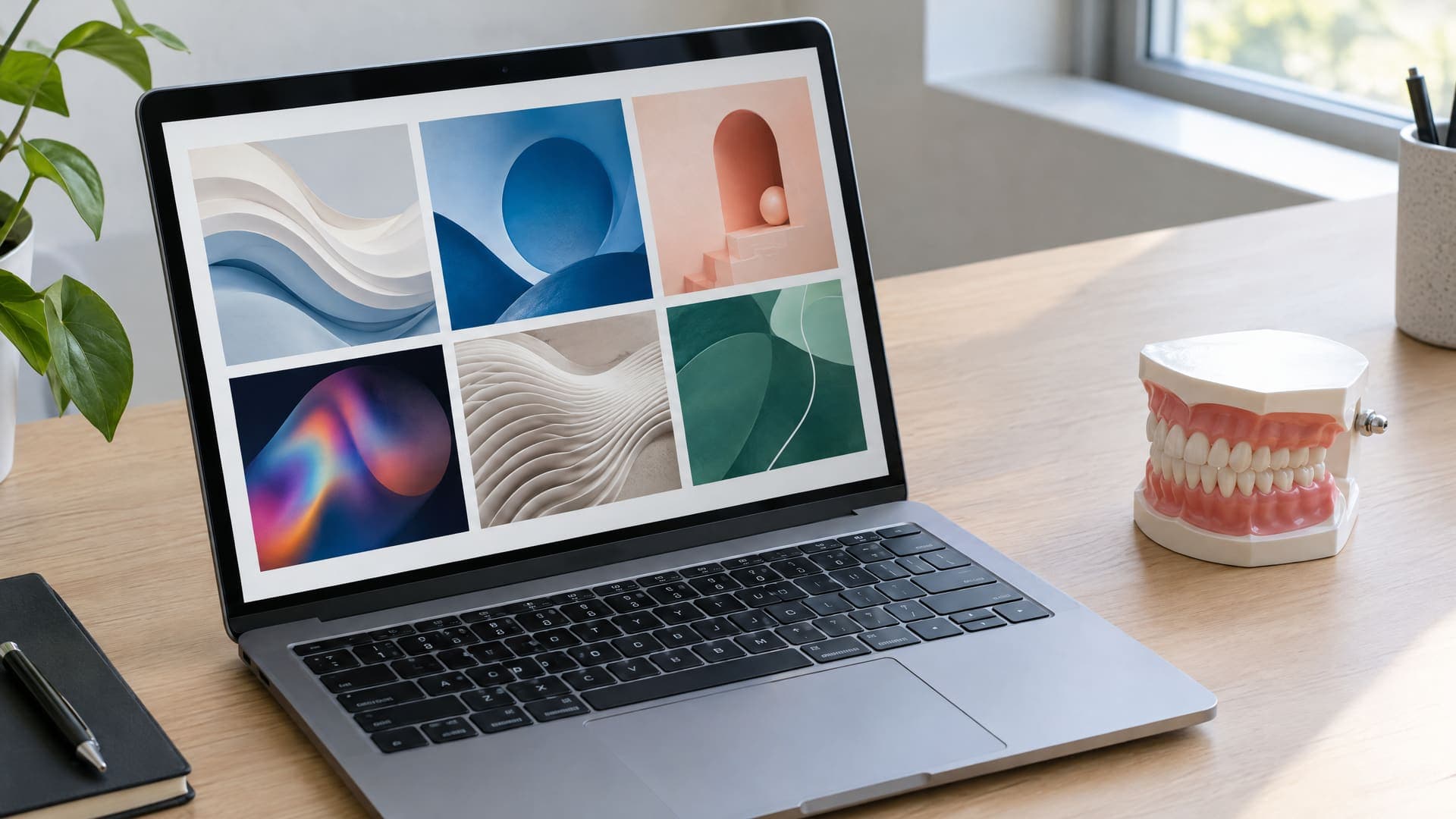 Laptop auf einem Schreibtisch mit einer Website mit mehreren Bildkacheln für Behandlungen, daneben ein Kunststoff-Zahnmodell, Text unleserlich
