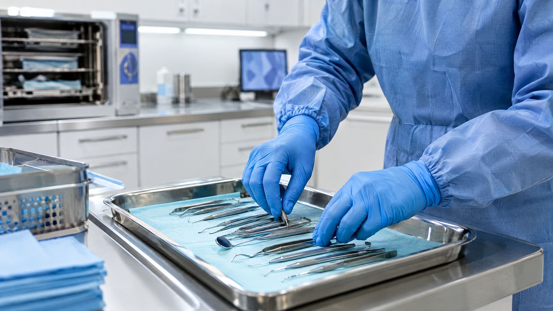 Hände in Handschuhen richten Instrumente auf einem Tablett in einem Sterilisationsraum an, Gesicht nicht sichtbar, im Hintergrund unscharf Schränke