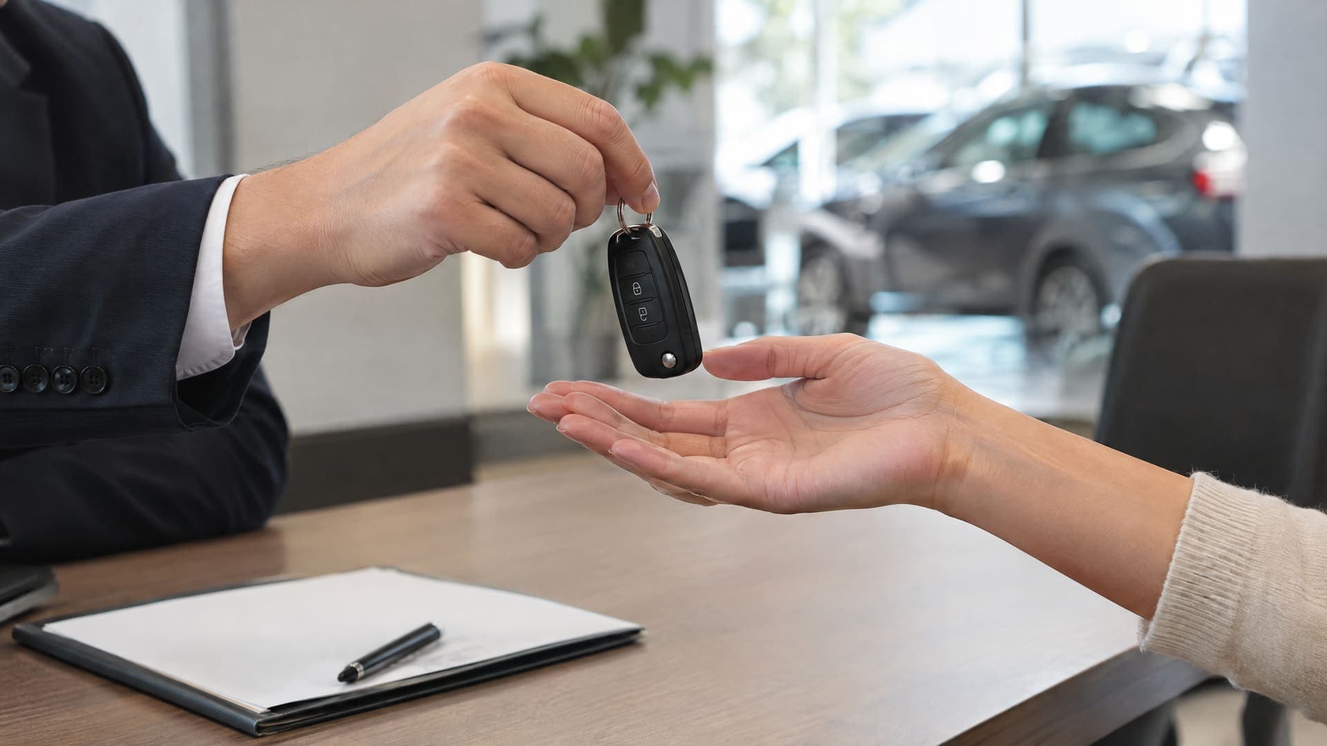 Zwei Hände übergeben einen Autoschlüssel über einen Schreibtisch in einem Autohaus-Büro