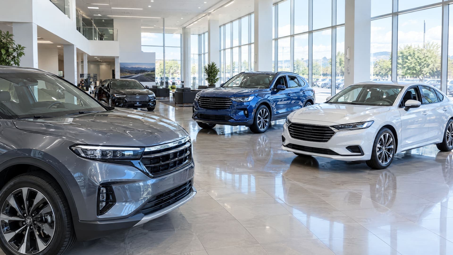 Heller moderner Autohaus-Showroom mit mehreren Neuwagen und großen Fenstern, ohne Personen und ohne Markenzeichen