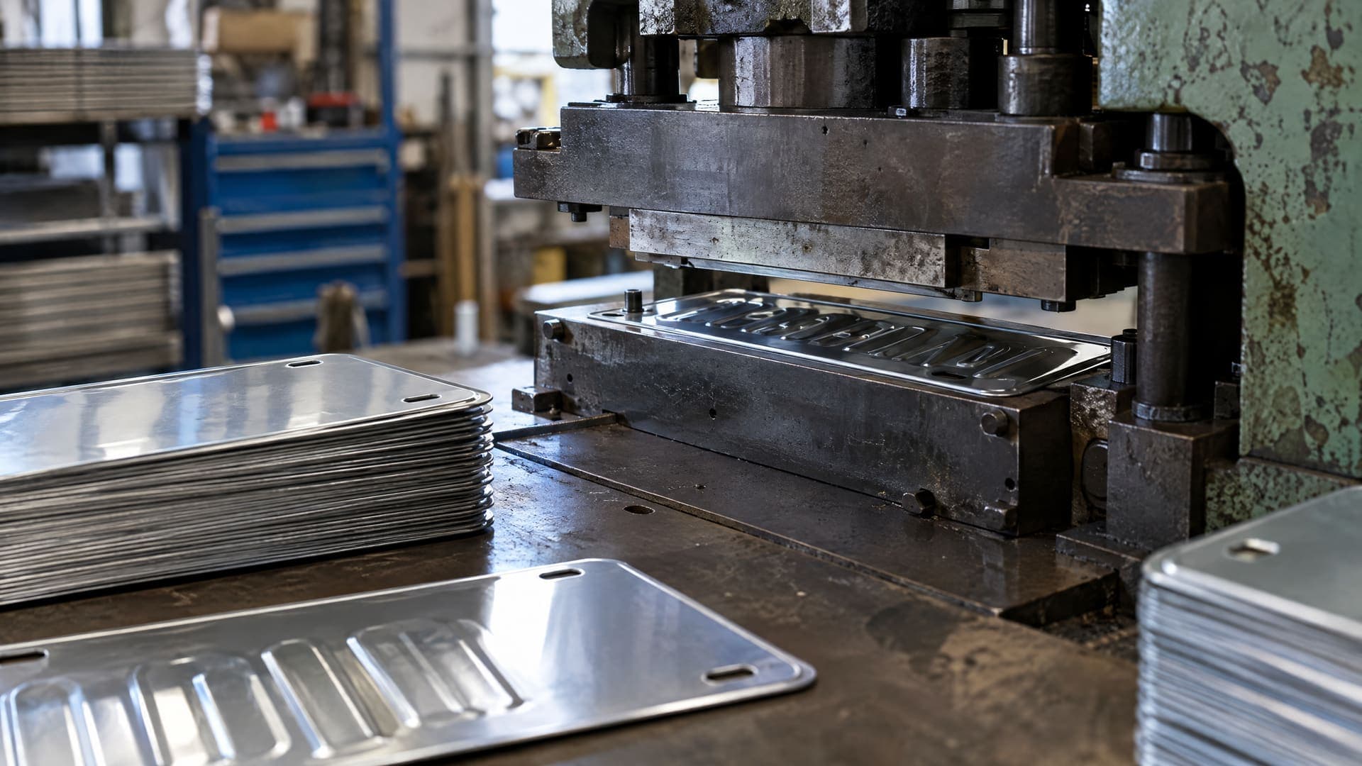 Nahaufnahme einer Kennzeichen-Prägepresse in einer Werkstatt mit Metall-Rohlingen, Zeichen auf den Schildern unleserlich