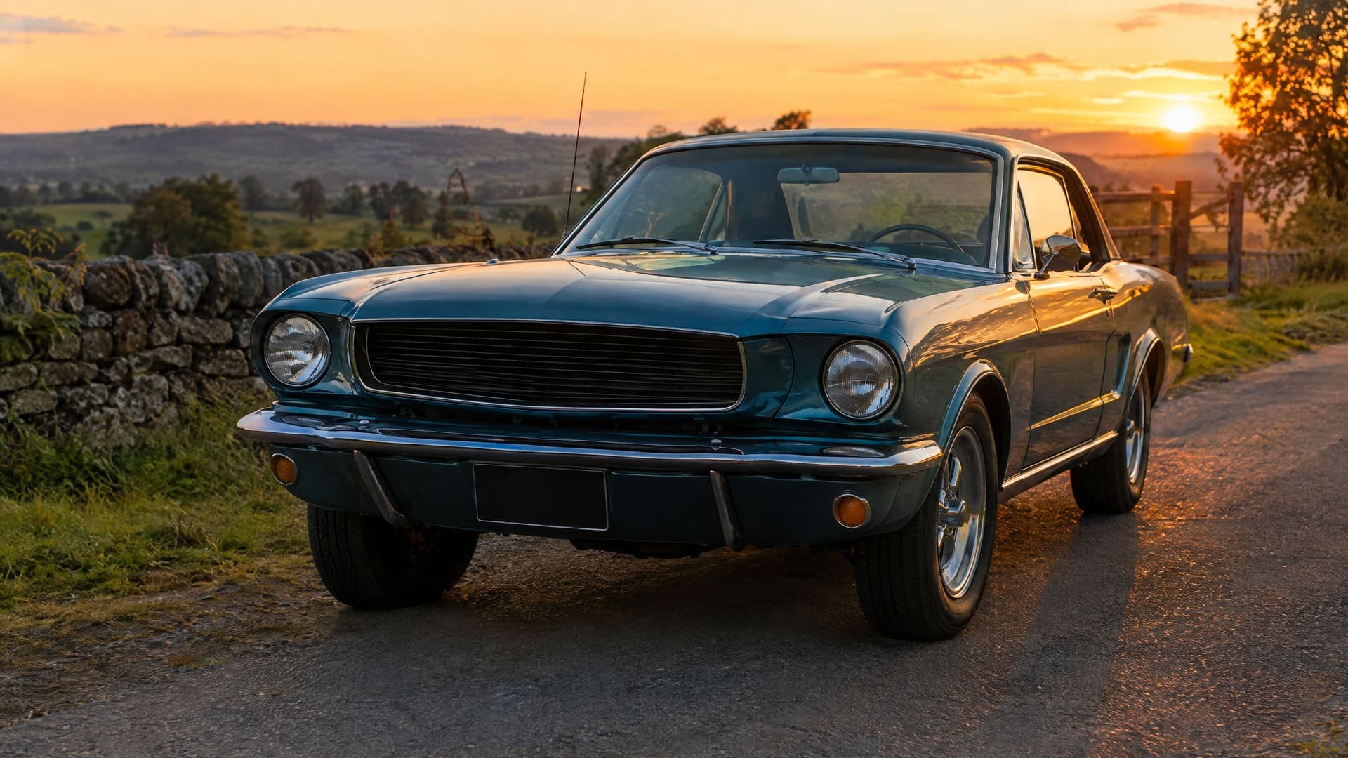 Klassischer Oldtimer parkt auf einer Landstraße im warmen Abendlicht, Kennzeichen unleserlich, keine Personen