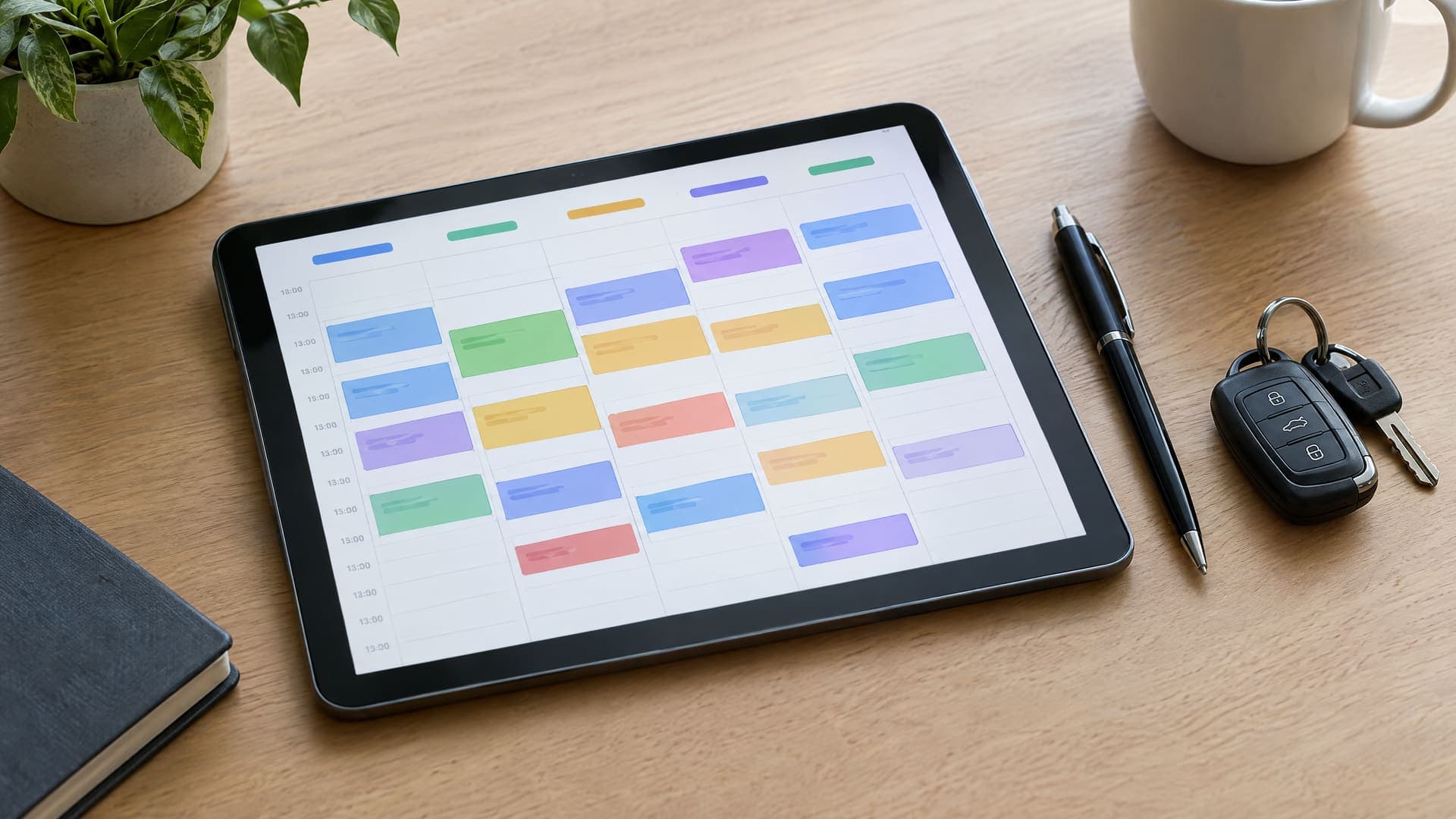 Tablet auf einem Schreibtisch mit abstraktem Wochenplan aus farbigen Abholzeit-Blöcken, daneben Stift und Autoschlüssel