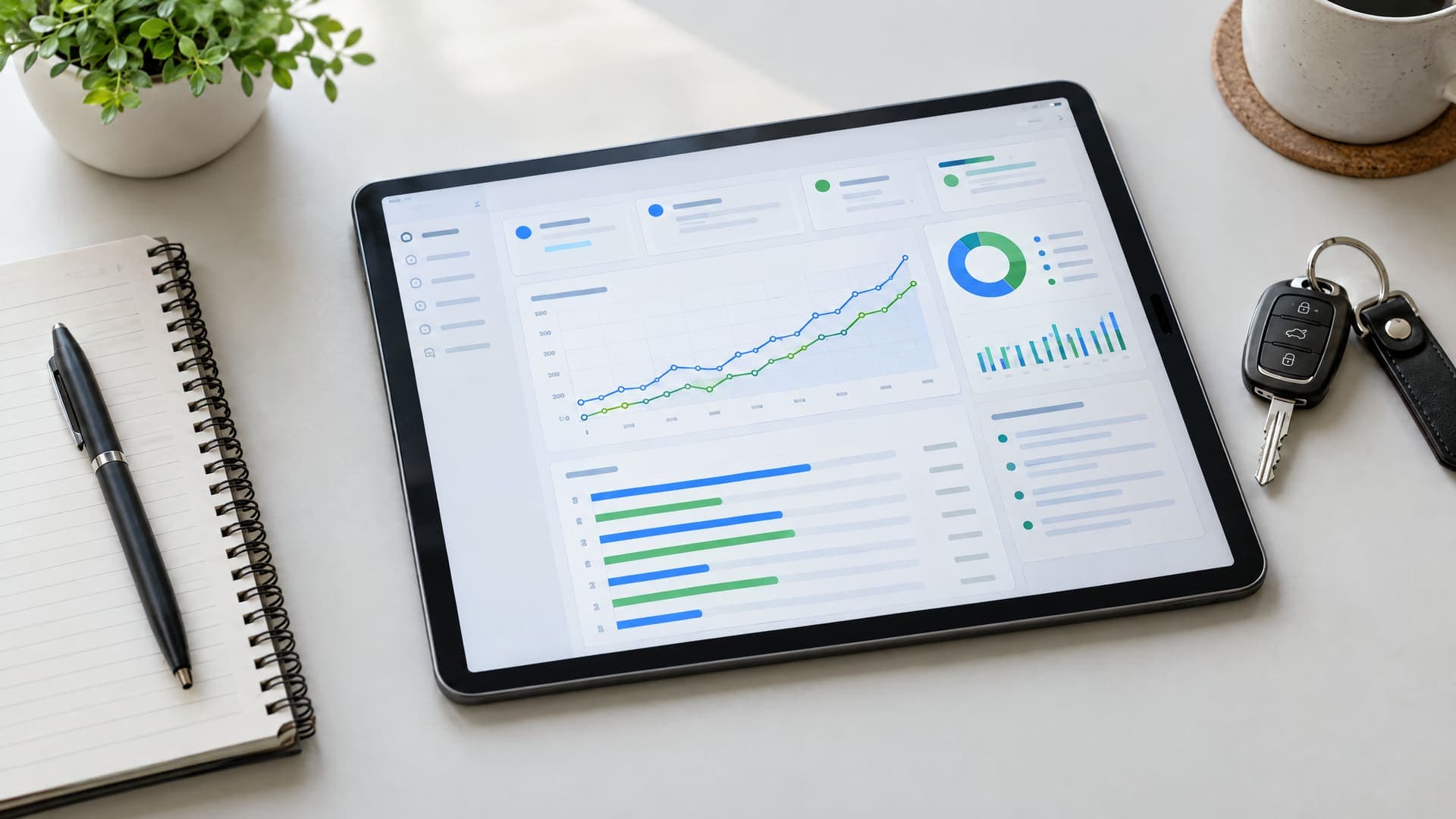 Tablet mit Kampagnen-Dashboard aus ansteigender Linie und Budgetbalken neben Notizbuch und Autoschlüsseln