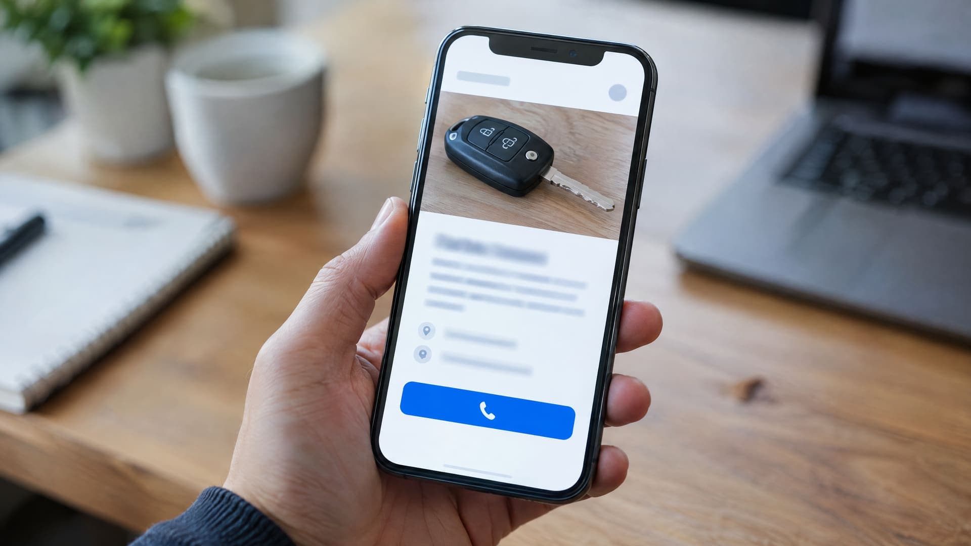 Smartphone auf einem Schreibtisch mit einer einfachen Service-Seite mit großem Anrufknopf und einem Foto eines Autoschlüssels, Text unleserlich