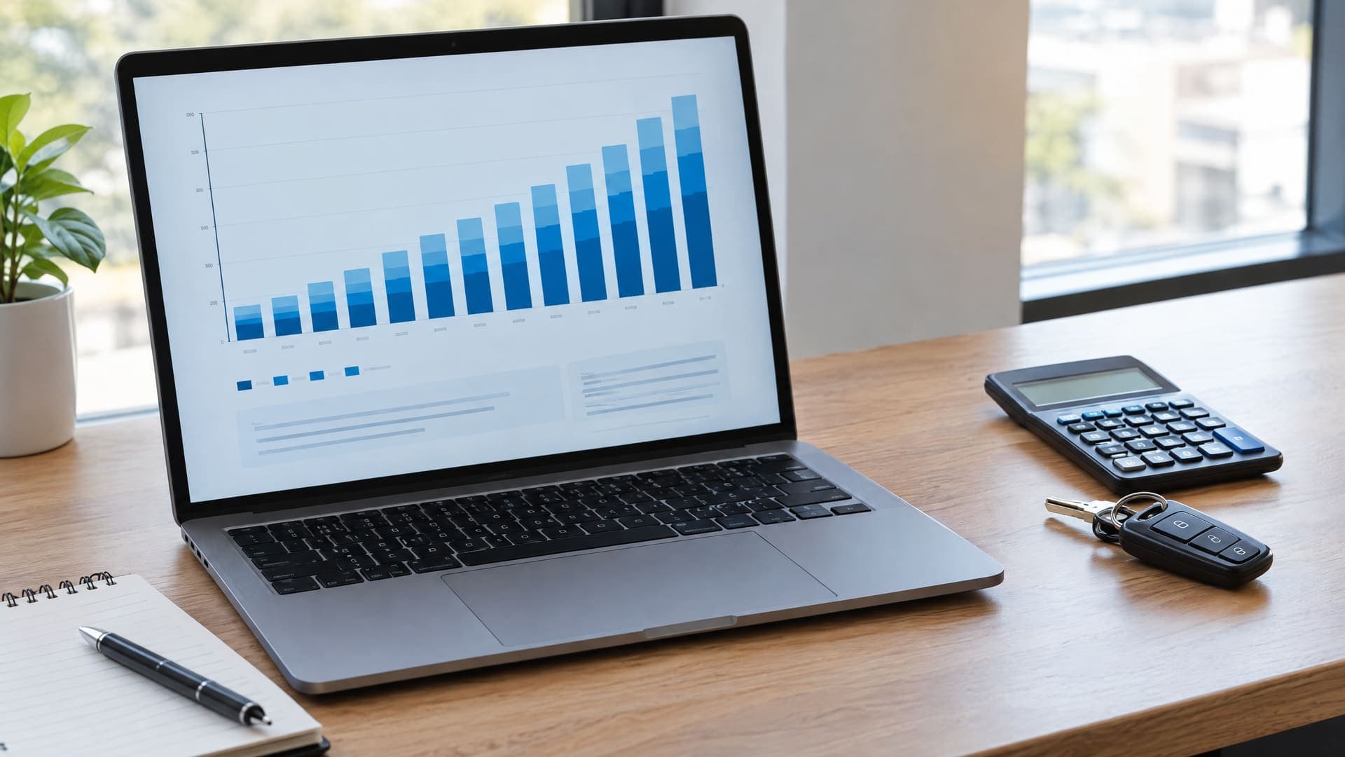 Laptop mit Diagramm aus ansteigenden blauen Balken für monatliche Aufträge, daneben ein Taschenrechner und Autoschlüssel