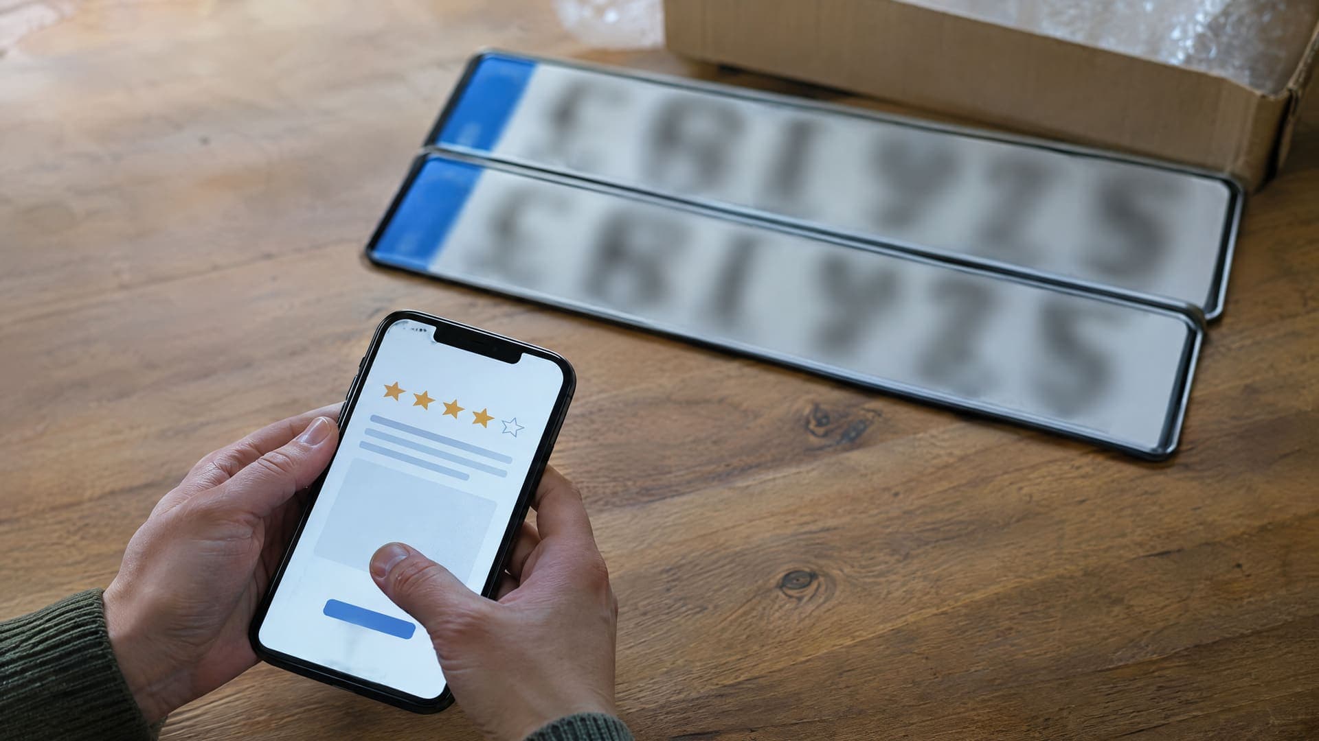 Hände halten ein Smartphone mit Bewertungsformular mit Sternen vor einem frisch gelieferten Paar Kennzeichen mit unleserlichen Zeichen auf einem Holztisch