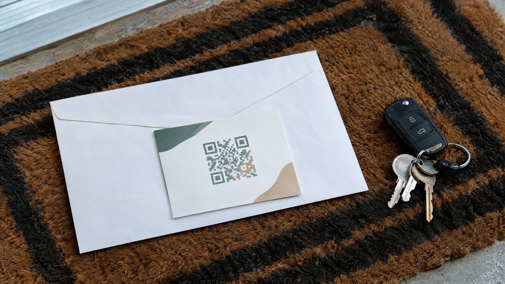Kleine Dankeskarte mit abstraktem QR-Code auf einem verschlossenen Umschlag neben Autoschlüsseln auf einer Fußmatte