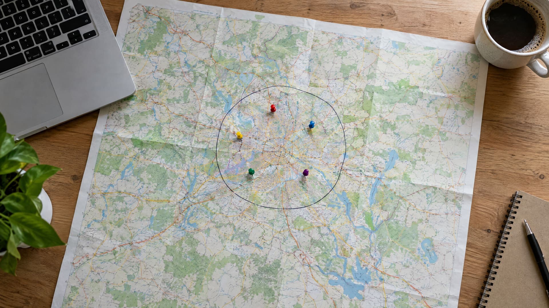 Draufsicht auf eine Papierkarte von Berlin und Umland mit einem gezeichneten Kreis um die Stadt und fünf farbigen Pins, daneben Laptop und Kaffeetasse