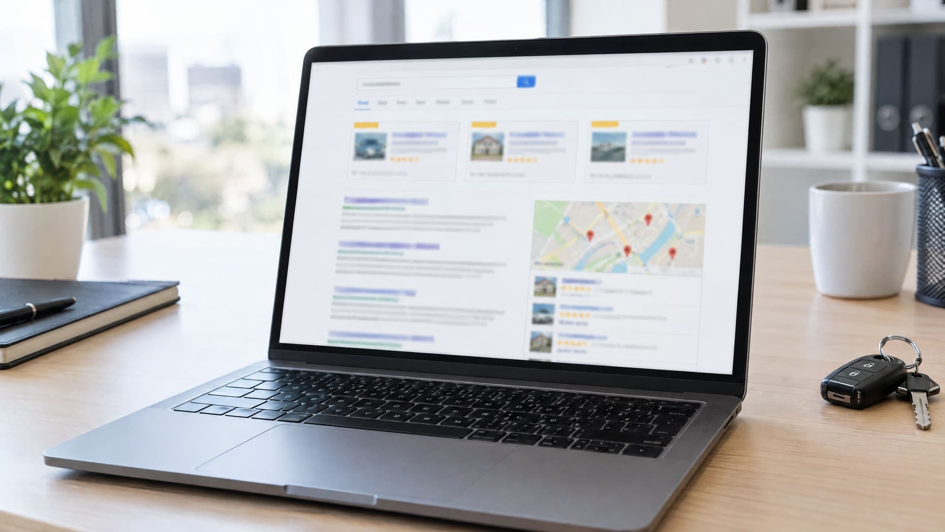 Laptop mit Suchergebnisseite aus Anzeigenblöcken und lokalem Kartenabschnitt, Text unleserlich, daneben Autoschlüssel