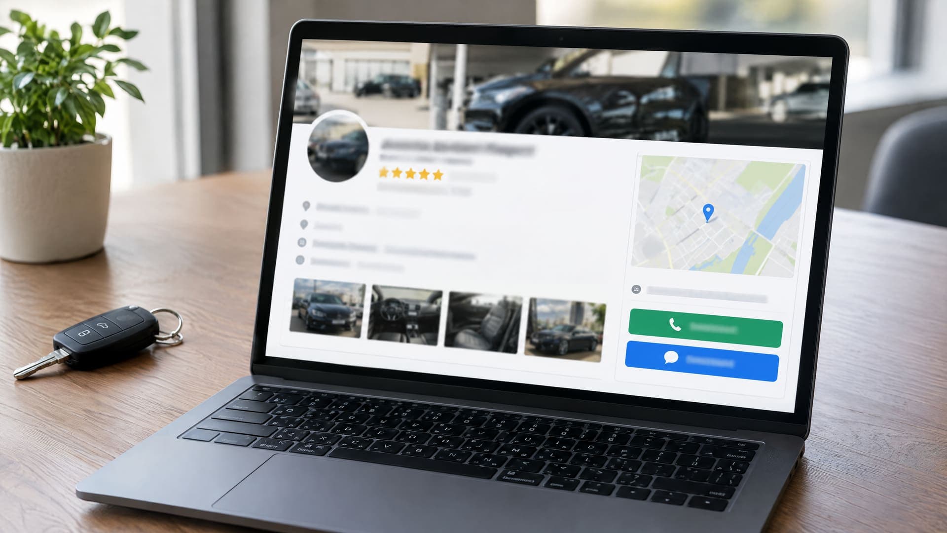 Laptop mit Unternehmensprofil aus Karte, Fotos, goldenen Sternen, Anruf- und Chat-Button, Text unleserlich, daneben Autoschlüssel