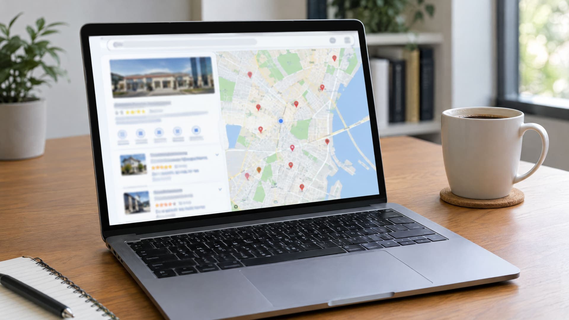 Laptop mit Kartenliste eines lokalen Dienstes mit Pins und Ergebniskarte, daneben eine Kaffeetasse