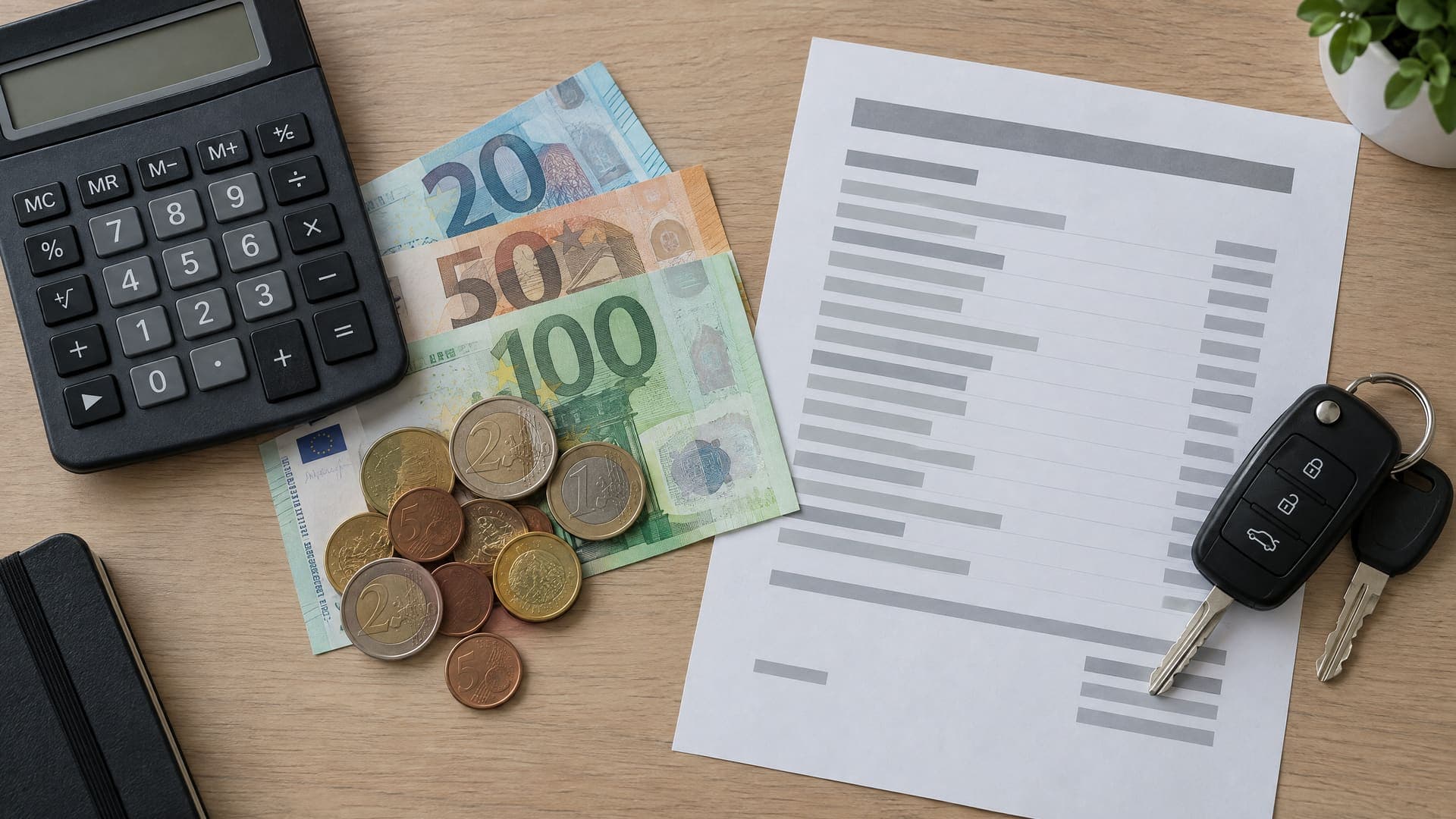 Draufsicht auf Taschenrechner, Euro-Münzen und Geldscheine, eine Preisliste aus grauen Balken und Autoschlüssel auf einem Schreibtisch