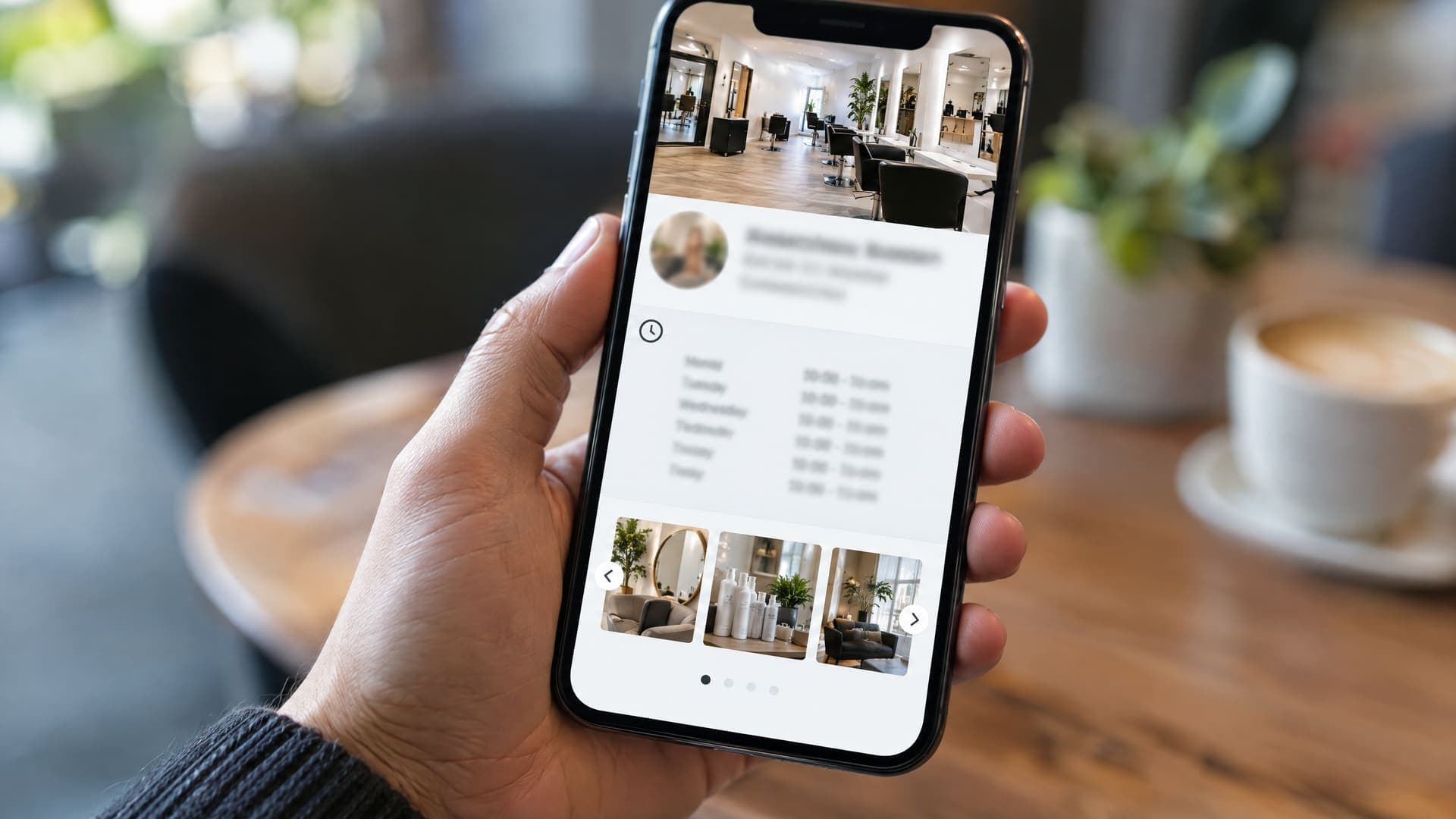 Hand hält ein Smartphone mit Unternehmensprofil, Öffnungszeitenliste und Fotokarussell, Text unscharf