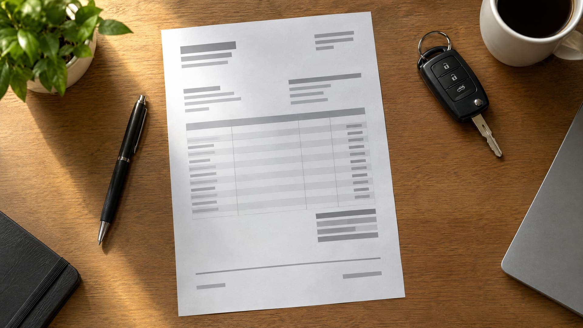 Draufsicht auf ein rechnungsähnliches Dokument aus grauen Balken, einen Stift und Autoschlüssel auf einem Schreibtisch