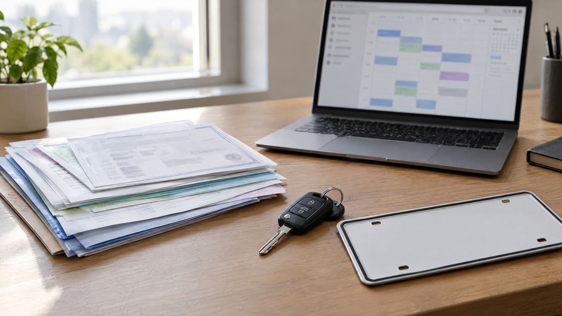 Schreibtisch mit Stapel Fahrzeugpapiere, Laptop mit unscharfem Terminplan, Autoschlüsseln und einem leeren Kennzeichenrohling