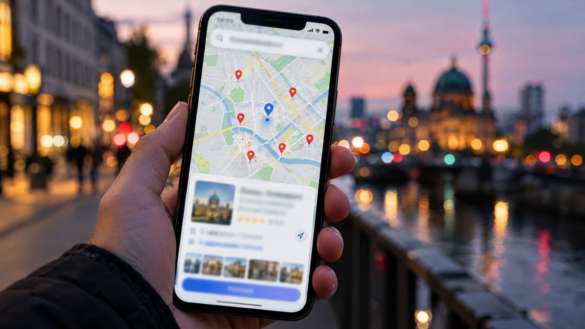 Smartphone mit Kartensuche in Berlin, mehreren Standortmarkierungen und einer hervorgehobenen Ergebniskarte, Text unleserlich, Abendlichter im Hintergrund