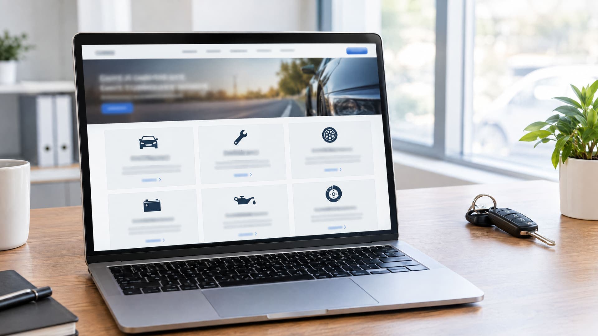 Laptop mit Zulassungsdienst-Website aus einem Raster von Leistungskacheln mit einfachen Fahrzeug-Symbolen, Text unleserlich, daneben Autoschlüssel