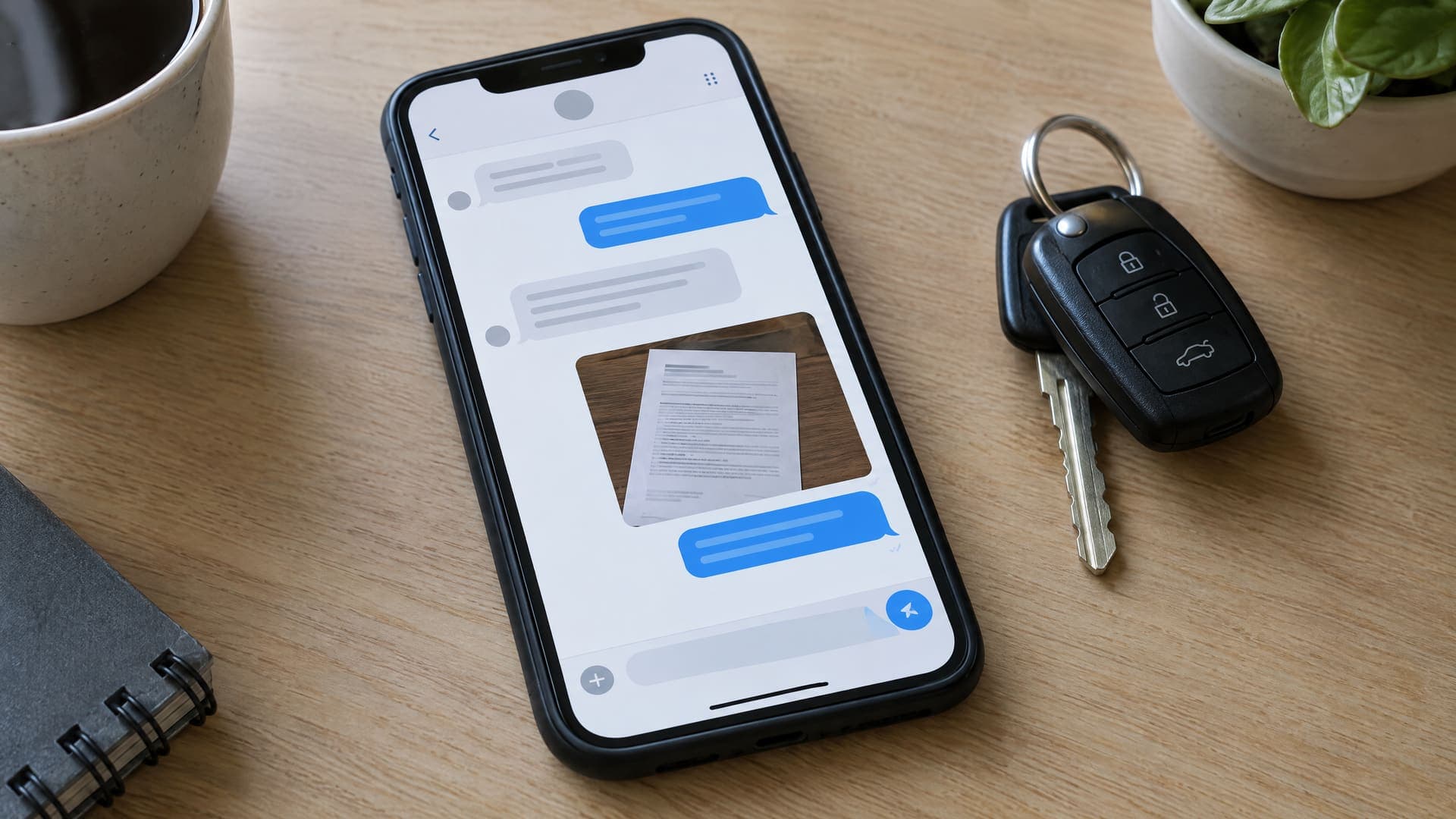 Smartphone auf einem Schreibtisch mit abstrakten Chatblasen und einem gesendeten Dokumentfoto, daneben Autoschlüssel